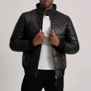 Black Leather Puffer Bomber Jacket